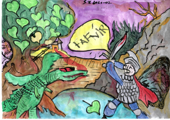 Fafnir und Siegfried im Kampfe - Deckfarben und Tusche auf Papier fafnir and siegfried fighting